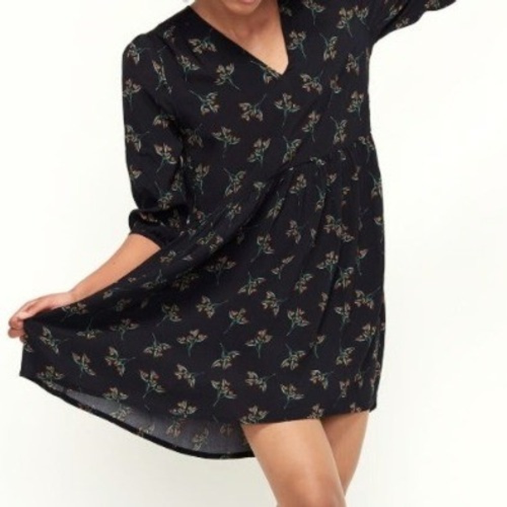 Ba&sh Flow Mini Dress Noir Black Women Size 2 US 8 Floral V-Neck 3/4 Sleeves